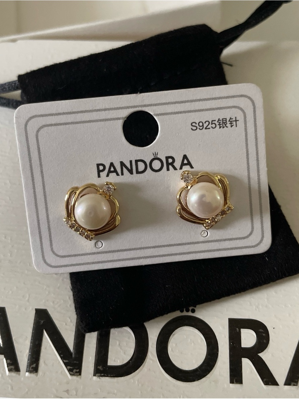 Pandora Gold Pearl Stud Earrings with Crystal Accents